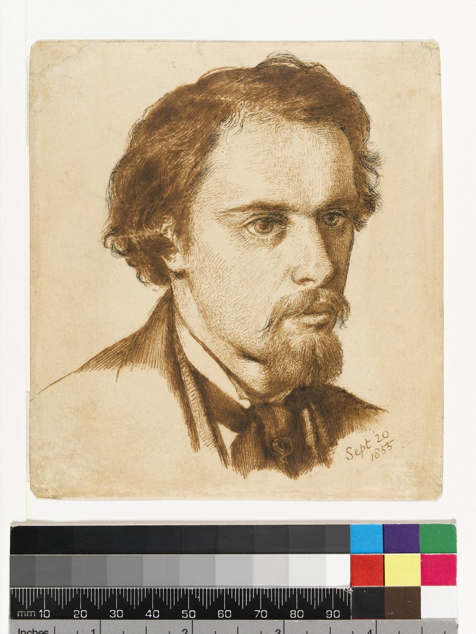 Omakuva, 1855 (kynä ja tussi ja ruskea muste paperille) tekijältä Dante Gabriel Charles Rossetti