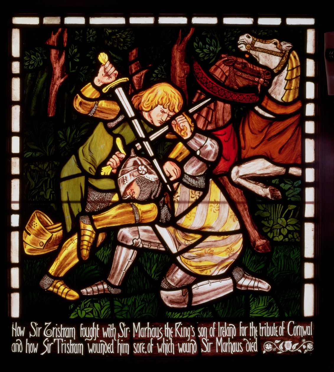 Taistelu Sir Marhaltin kanssa, elokuvasta The Story of Tristan and Isolde, William Morris und Co. (lasimaalaus) tekijältä Dante Gabriel Charles Rossetti