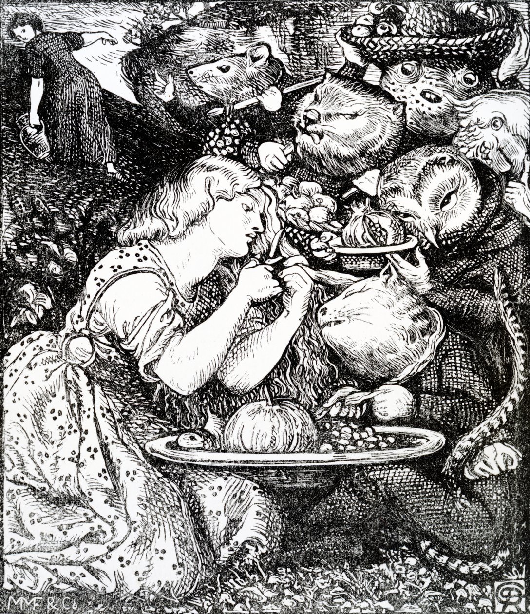 Frontispece Christina Rossettin "Goblin Marketille ja muille runoille", kaiverrus William Morris, n. 1865 tekijältä Dante Gabriel Charles Rossetti