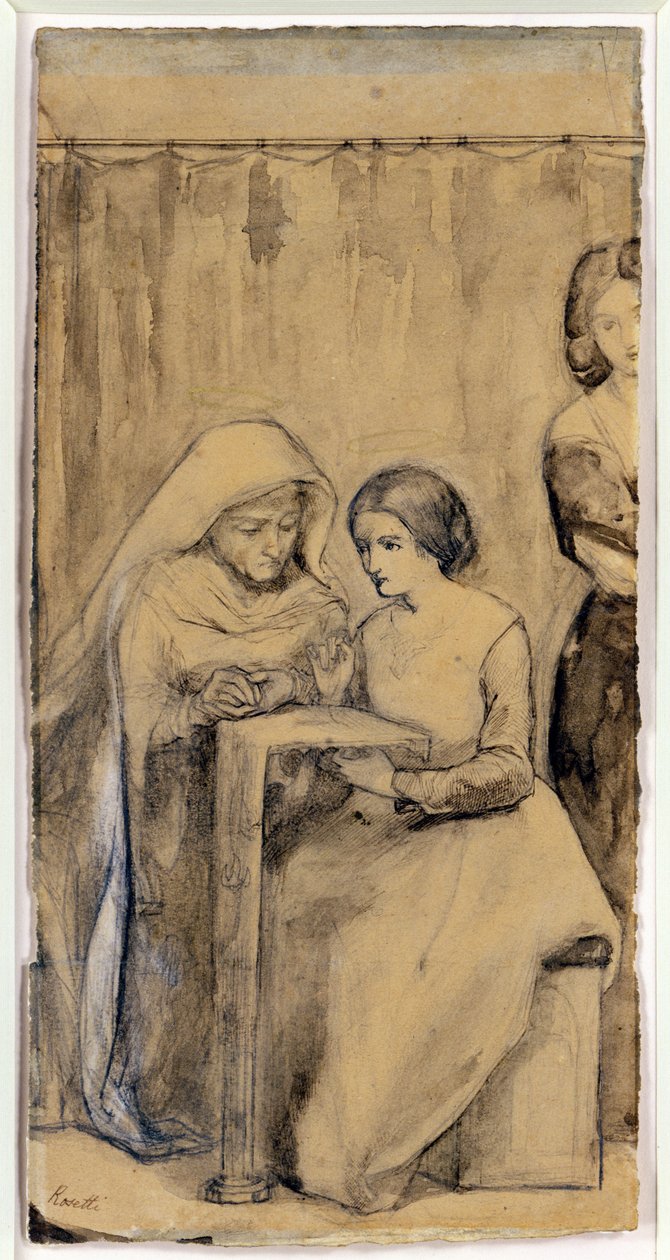 Tutkimus Neitsyt Marian tyttöselle (kynä ja muste ja lyijykynä pesulla paperille) tekijältä Dante Gabriel Charles Rossetti