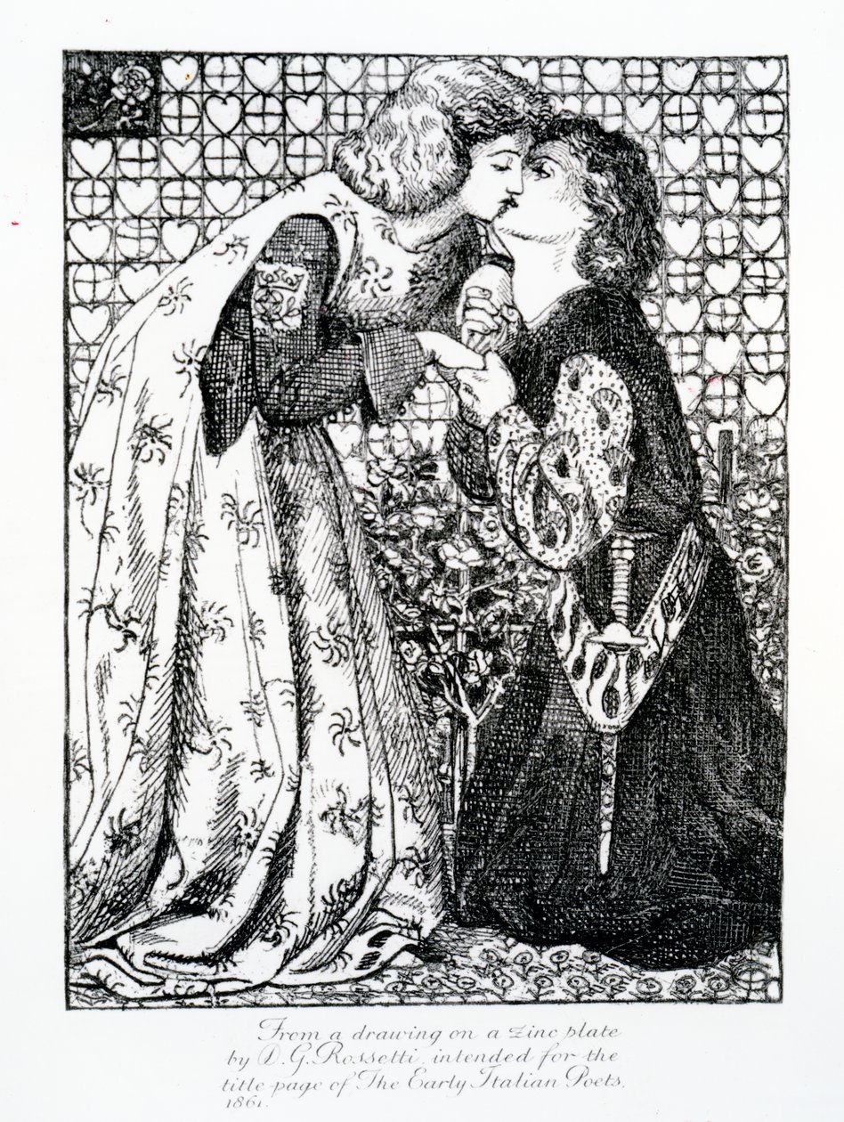 Otsikkosivu, joka on tarkoitettu teokselle "Varhaiset italialaiset runoilijat", 1861 tekijältä Dante Gabriel Charles Rossetti