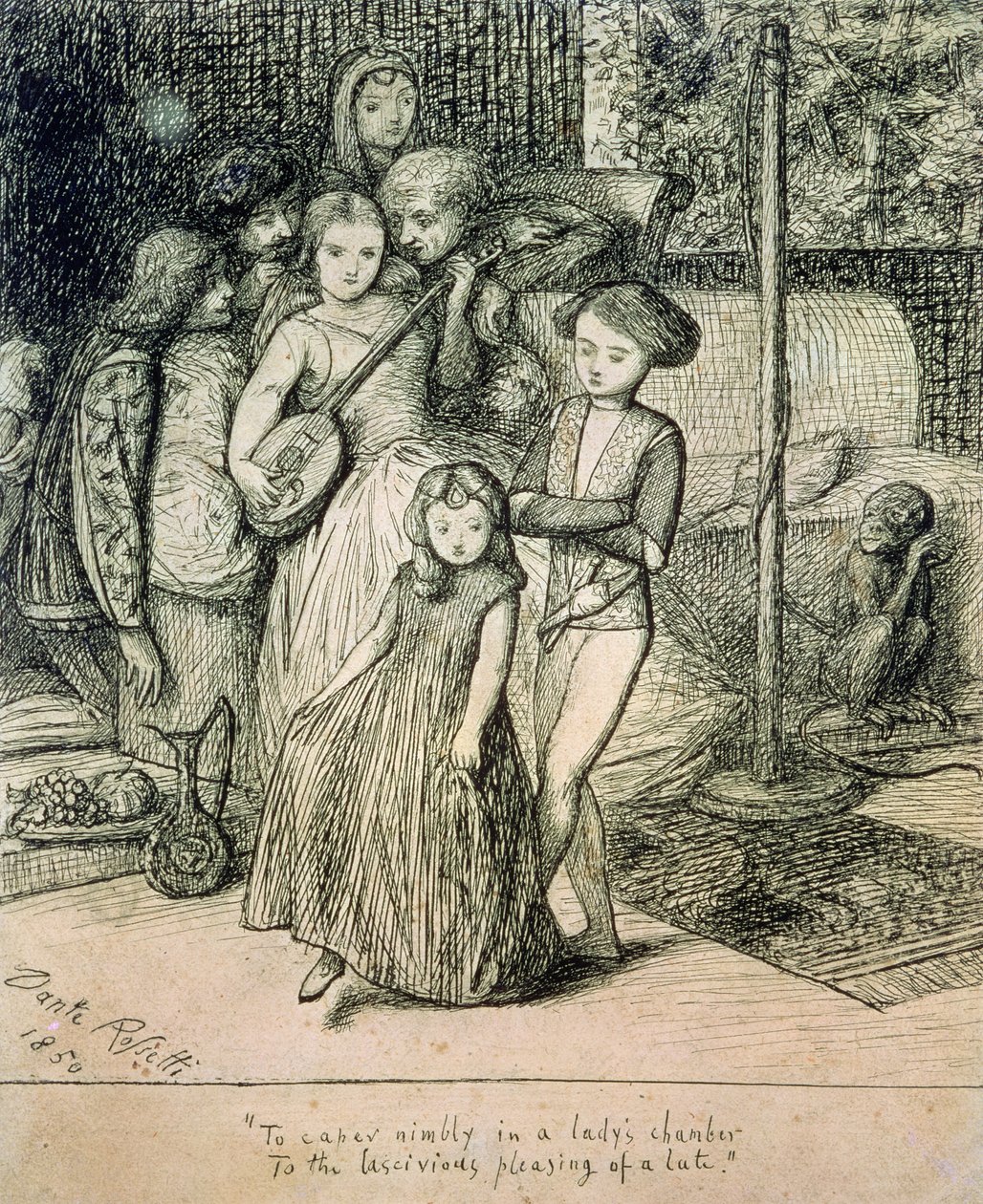 Kapparille ketterästi naisen kammiossa luutun irstailemaan mielihyvää, 1850 (kynä ja muste paperille) tekijältä Dante Gabriel Charles Rossetti