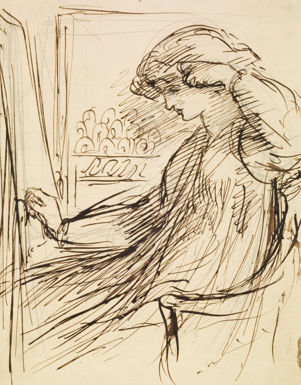 Nainen istuu kirjontakehyksen tai telineen ääressä tekijältä Dante Gabriel Charles Rossetti