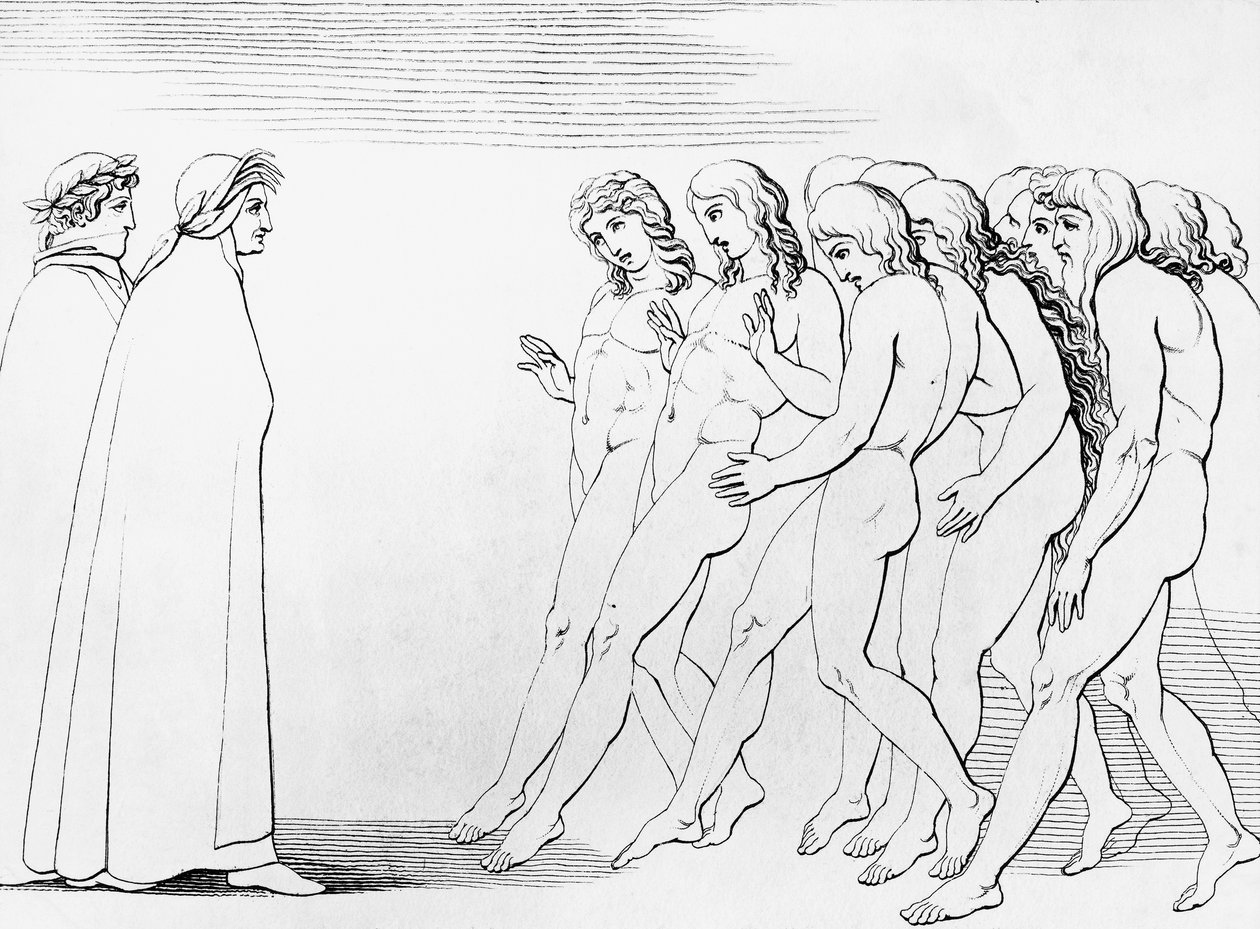 Sielut säikähtävät nähdessään, että Dante on elossa, kuvitus Kiirastulen 3. laululle, Jumalallinen näytelmä, Dante Alighierin (1265-1321) allegorinen runo tekijältä Dante Alighieri