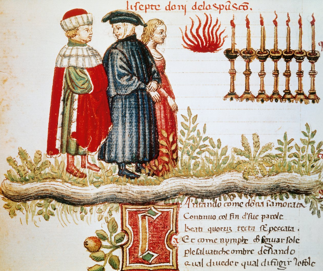 Vergilius, Dante ja Matelda, Kiirastule, Canto XXIX, valaistu sivu Divine Comedysta, kirjoittanut Dante Alighieri (1265-1321) tekijältä Dante Alighieri