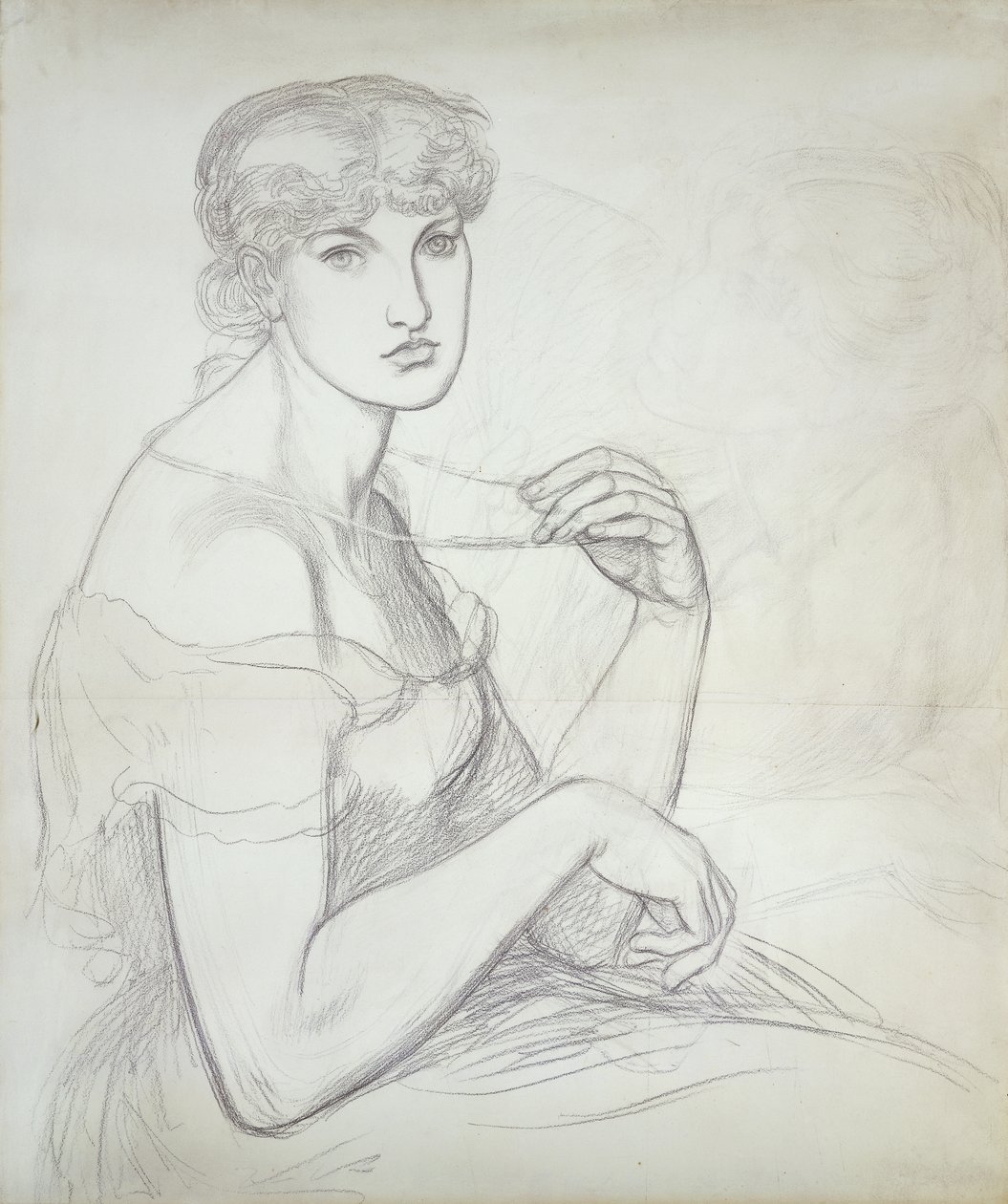 Istuva nainen pitelee kaulakorua, oikealla toinen naishahmo, tekijältä Dante Gabriel Charles Rossetti