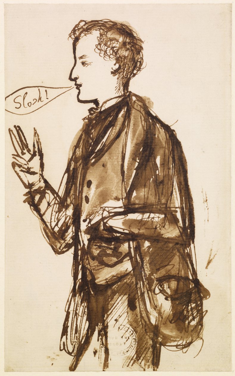 Karikatyyri John Everett Millaisista, n. 1851-1853 (kynä ja muste ja pesu paperille) tekijältä Dante Gabriel Charles Rossetti