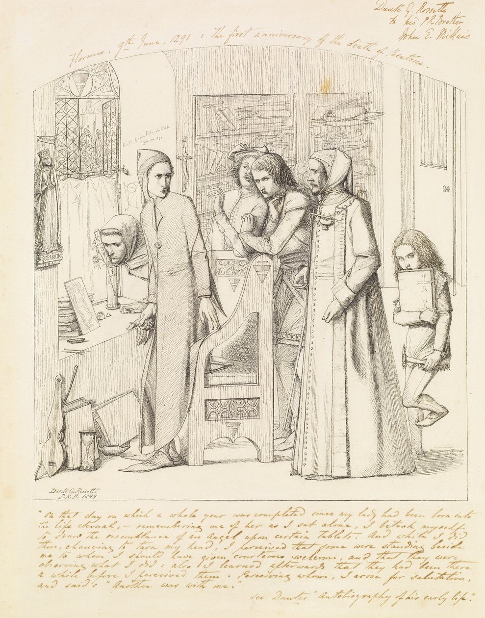 Dante piirtää enkelin Beatricen kuoleman ensimmäisenä vuosipäivänä, 1848-9 tekijältä Dante Gabriel Charles Rossetti