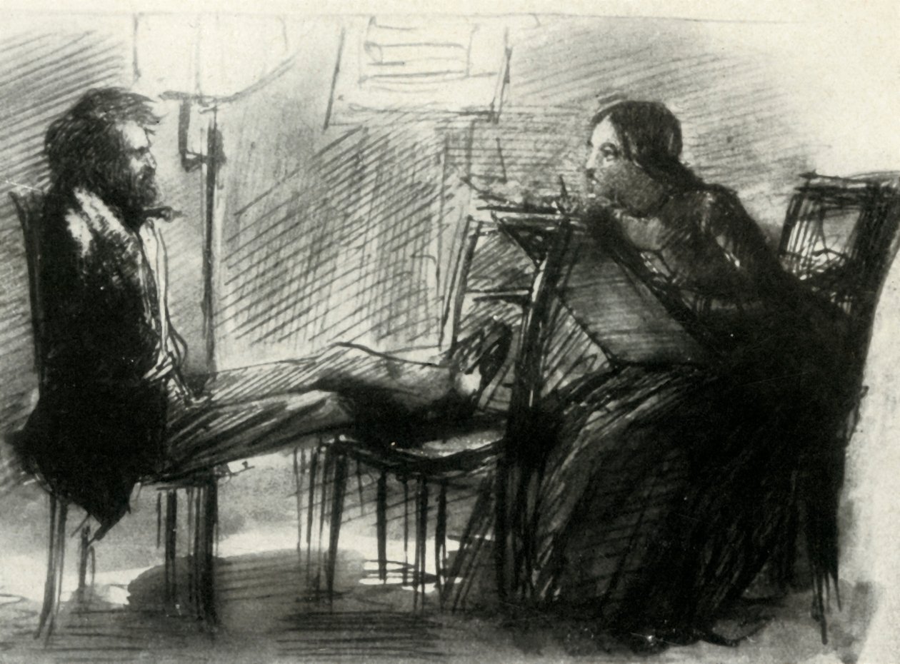Elizabeth Siddal piirtää Rossettia, 1853, 1947. tekijältä Dante Gabriel Charles Rossetti