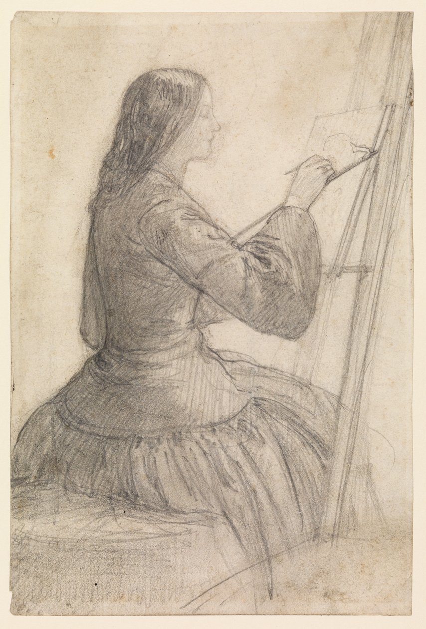 Elizabeth Siddal istuu maalaustelineessä, 1854-55 noin tekijältä Dante Gabriel Charles Rossetti