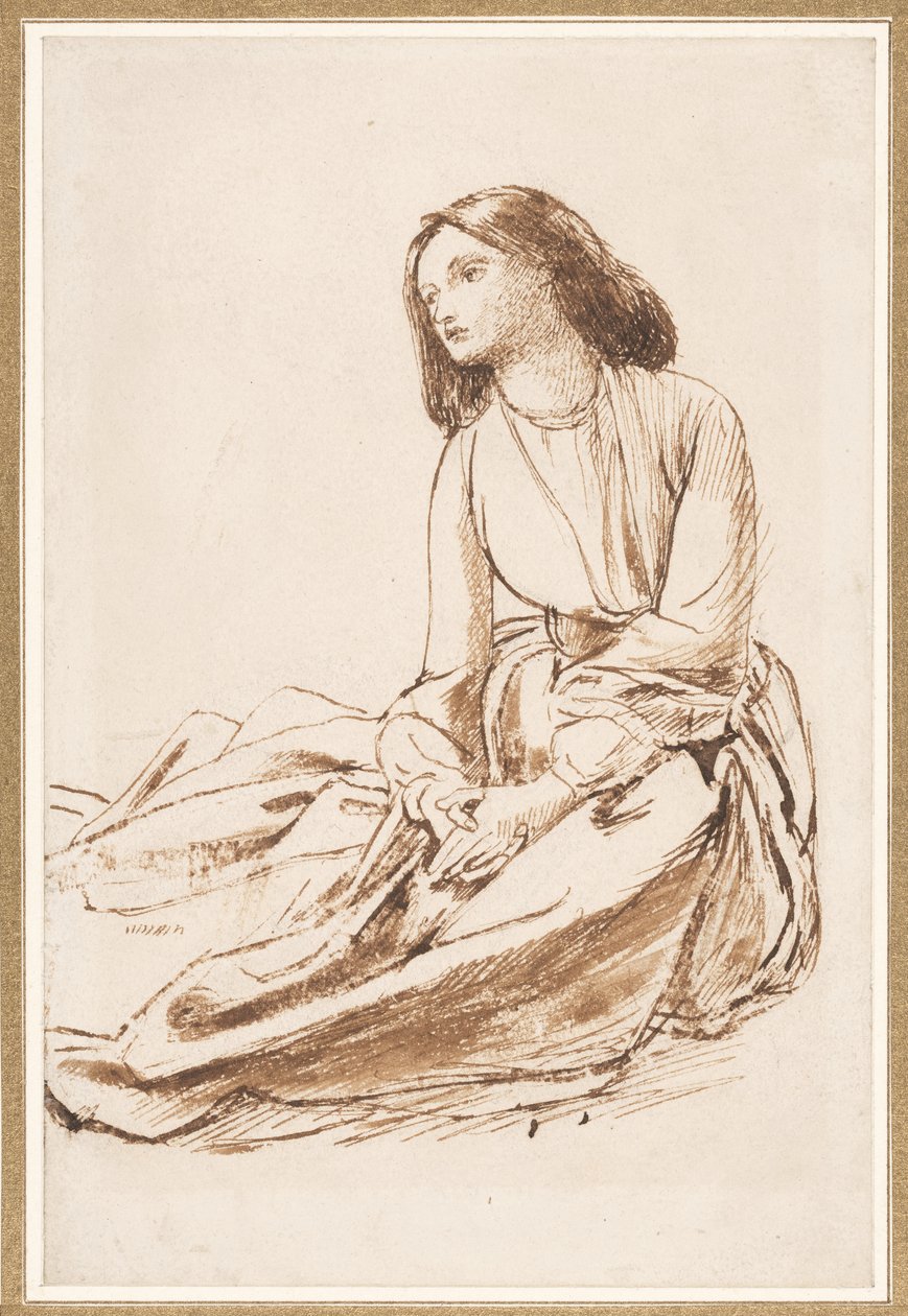 Elizabeth Siddal, istuu maassa (kynä, seepia ja pesu paperille) tekijältä Dante Gabriel Charles Rossetti