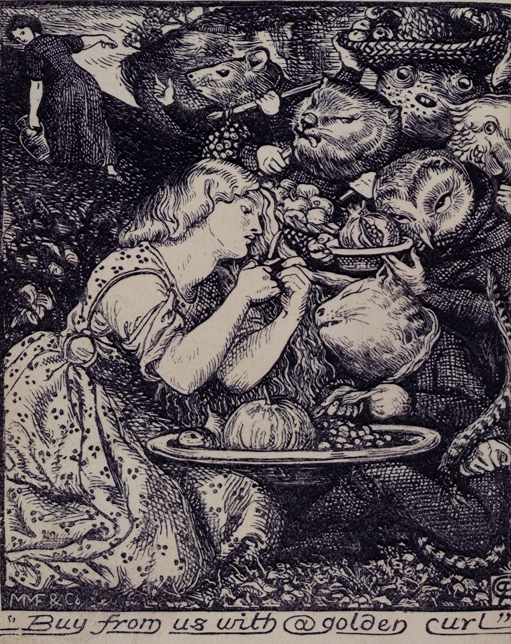 "Goblin Marketin ja muiden runojen..." etukappale 1862 (litho) tekijältä Dante Gabriel Charles Rossetti