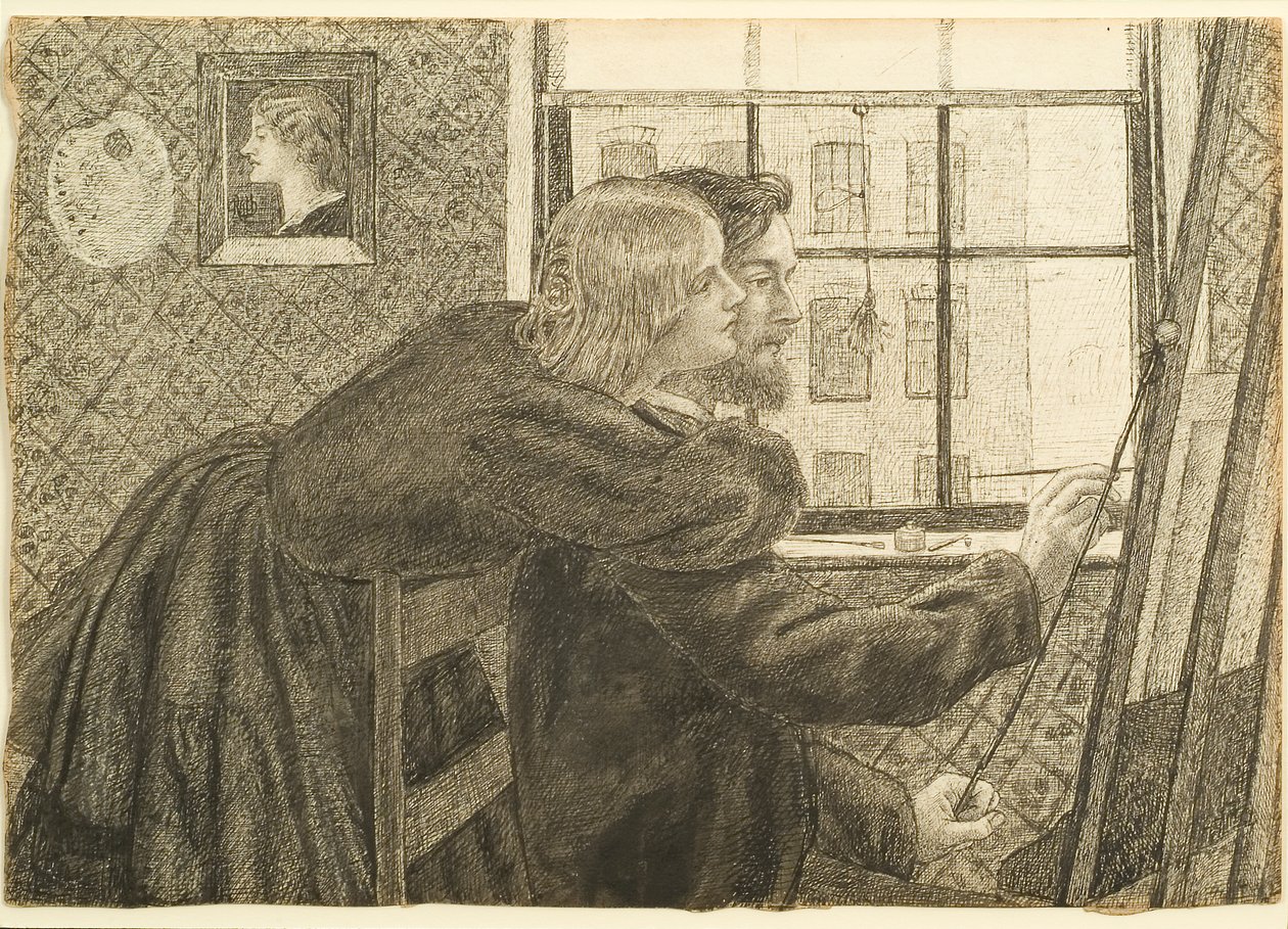 G P Boyce Fanny Cornforthin kanssa Rossettis Studiossa, Chatham Place, n. 1858 (muste paperille) tekijältä Dante Gabriel Charles Rossetti