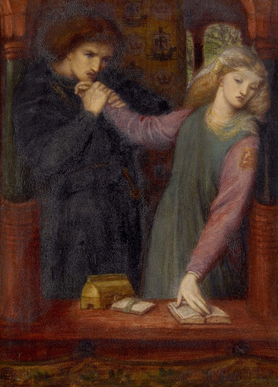Hamlet ja Ophelia, 1866 (akvarelli ja arabikumi paperille) tekijältä Dante Gabriel Charles Rossetti