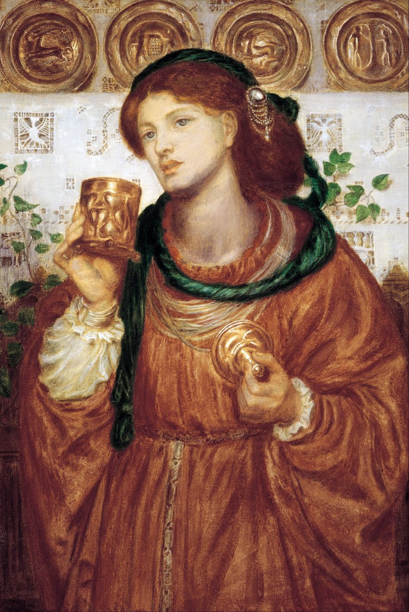 ""The Cup of Love"" Dante Gabriel Rossettin (1828-1882) maalaus noin 1867, koko 52,6 x 35,9 cm Etelä-Australian taidegalleria Adelaide Australia tekijältä Dante Gabriel Charles Rossetti