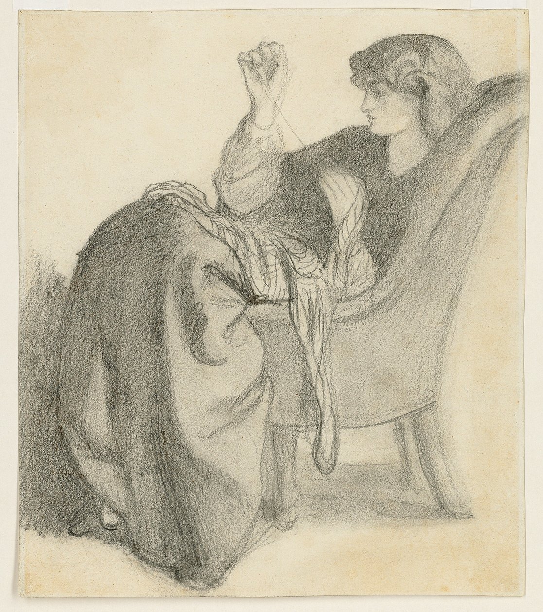 Lachesis: Tutkimus Jane Morrisista istumassa tuolissa ompelemassa, 1860-luku tekijältä Dante Gabriel Charles Rossetti