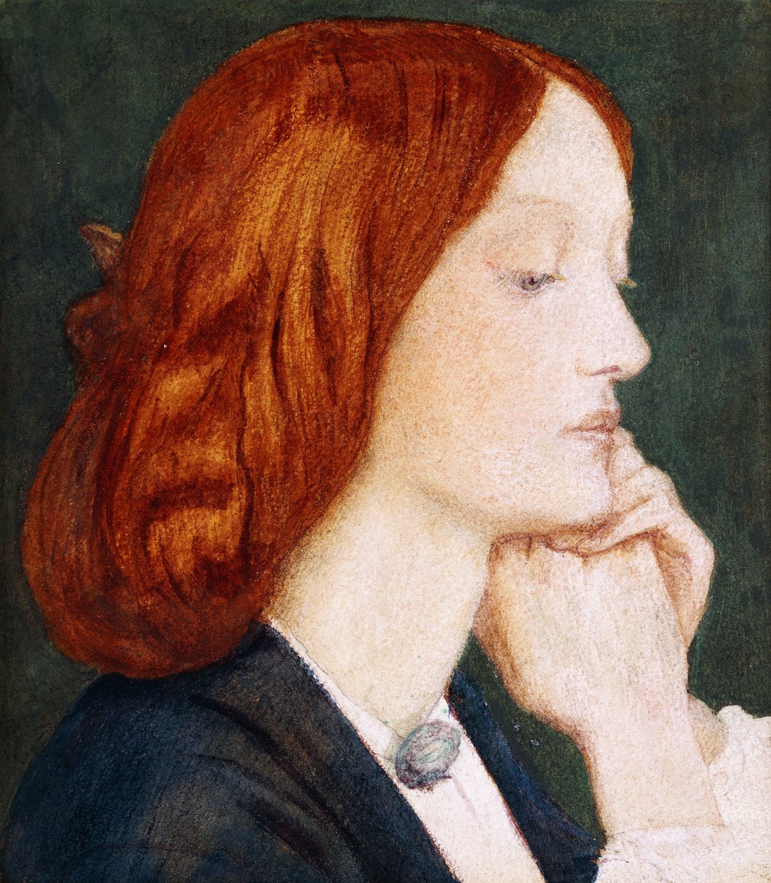 Elizabeth Siddalin muotokuva profiilissa oikealla, tekijältä Dante Gabriel Charles Rossetti