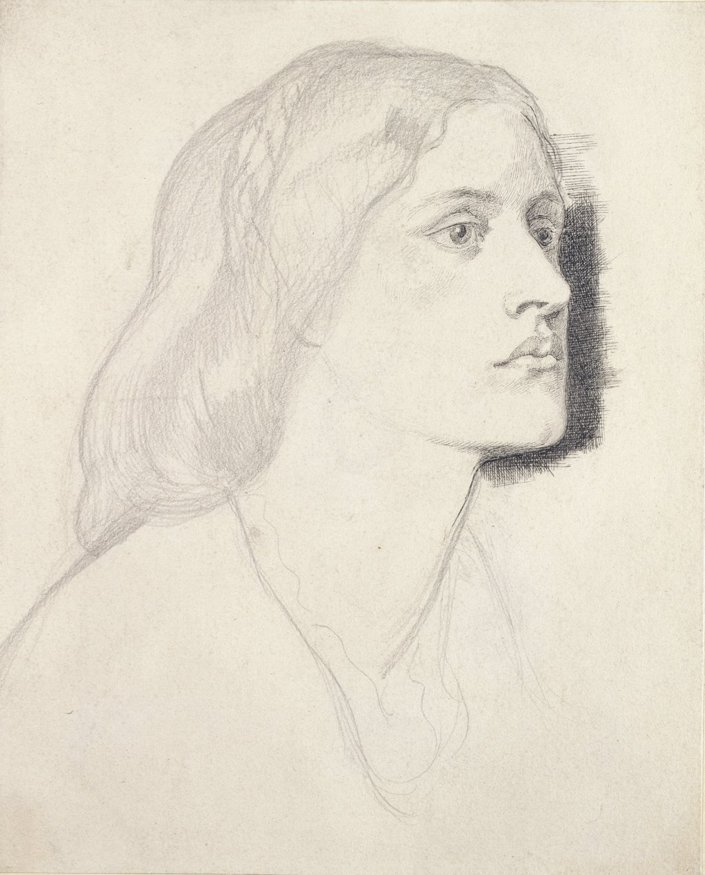 Neiti Ruth Herbertin muotokuva, luultavasti 1858 (grafiitti kynällä ja mustalla musteella valkoisella paperilla) tekijältä Dante Gabriel Charles Rossetti