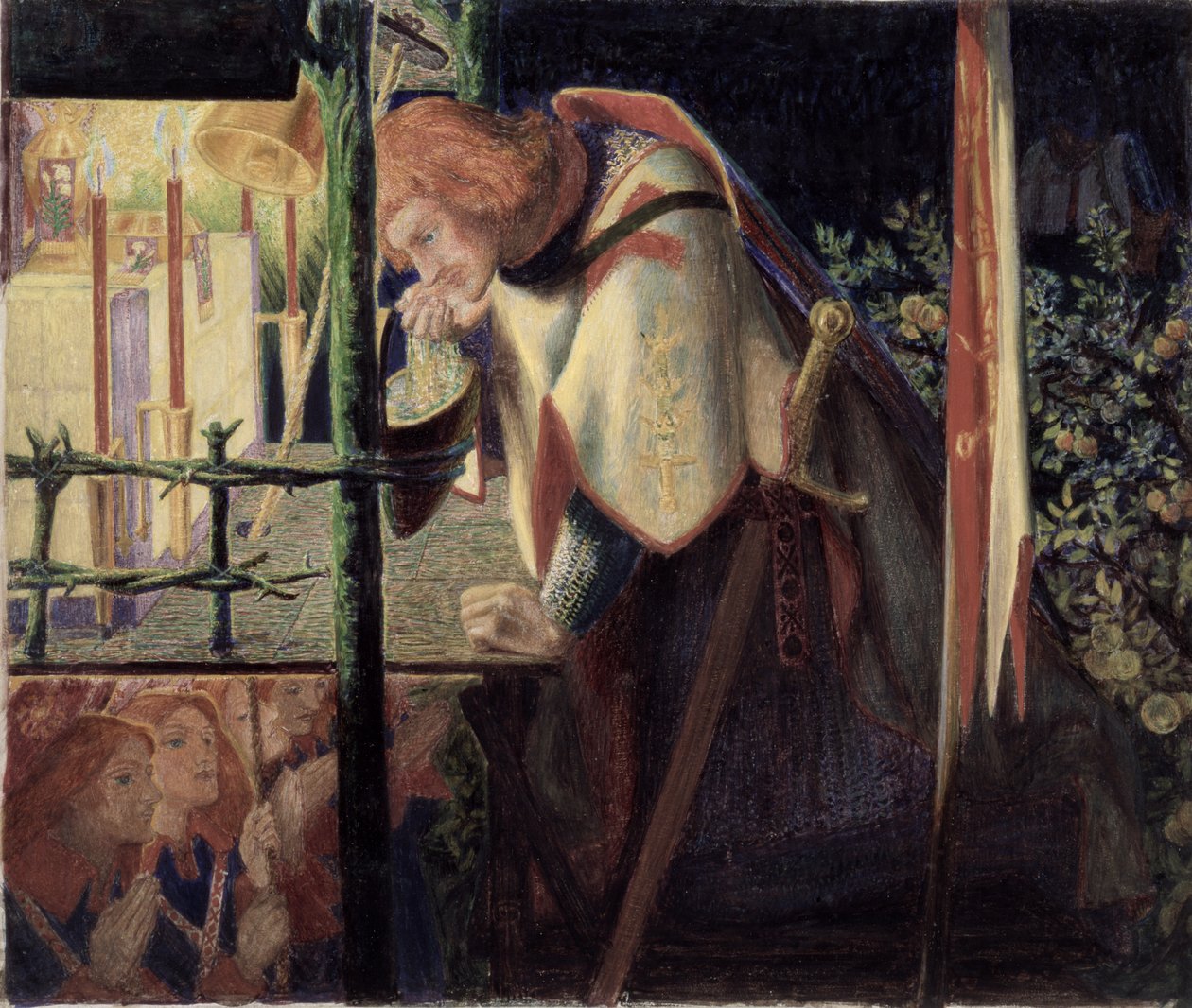 Sir Galahad rauniokappelissa, 1859 tekijältä Dante Gabriel Charles Rossetti