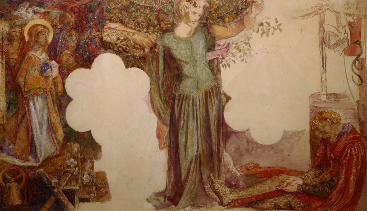 Sir Lancelot esti syntinsä vuoksi pääsyn Graalin kappeliin tekijältä Dante Gabriel Charles Rossetti