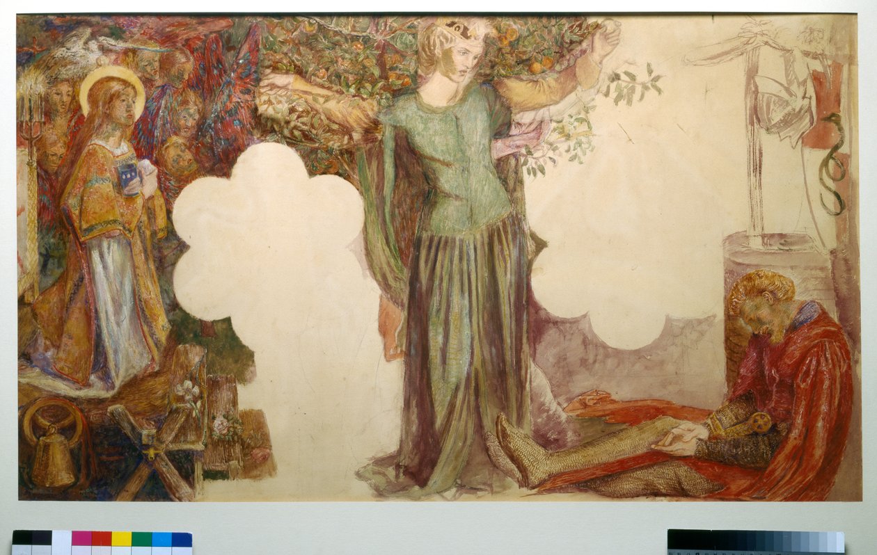 Sir Lancelotin visio, tutkimus freskomaalausta varten Oxford Unionissa tekijältä Dante Gabriel Charles Rossetti