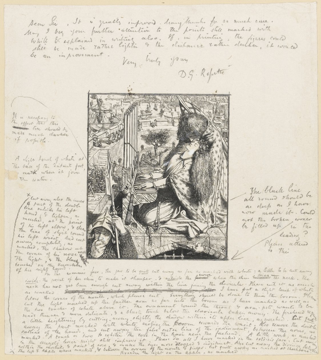 St Cecilia The Moxon Tennyson, n. 1857 (puukaiverrus ja kynä paperille) tekijältä Dante Gabriel Charles Rossetti