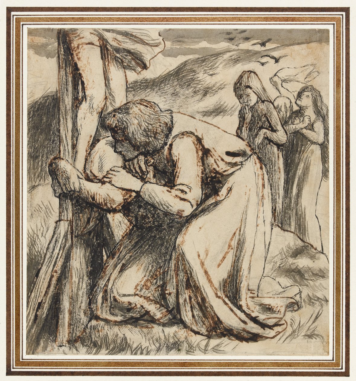 Pyhä Johannes lohduttaa neitsyttä ristin juurella, 1857-58 (kynä, tussi ja seepia tussi paperille). tekijältä Dante Gabriel Charles Rossetti