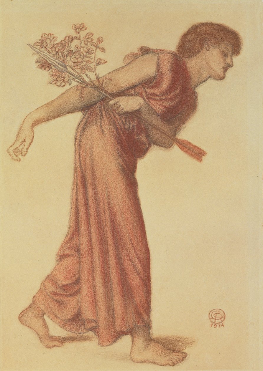 Tutkimus Rakkaushahmosta Danten unessa Beatricen kuoleman aikaan, 1874 (musta ja punainen värikynä vihreällä paperilla) tekijältä Dante Gabriel Charles Rossetti