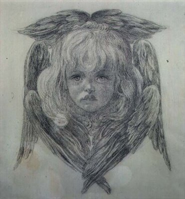 Tutkimus lapsen enkelin päästä teoksessa "The Blessed Damozel", n. 1875 (musta liitu) (katso 15166) tekijältä Dante Gabriel Charles Rossetti