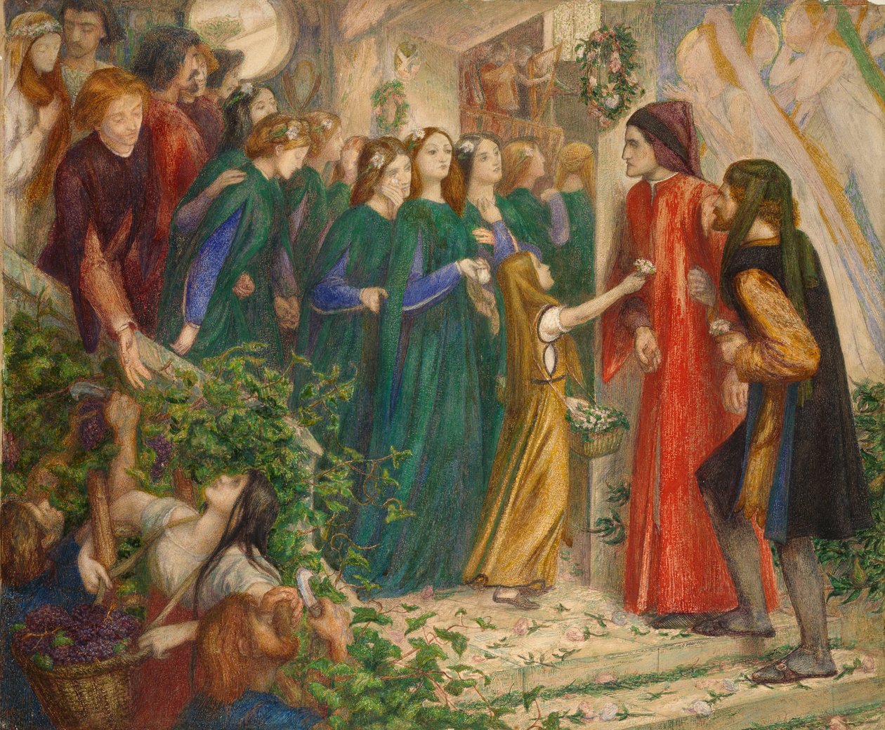 Beatrice hääjuhlissa kieltäen tervehdyksensä Dantelle, 1851-1855 tekijältä Dante Gabriel Rossetti