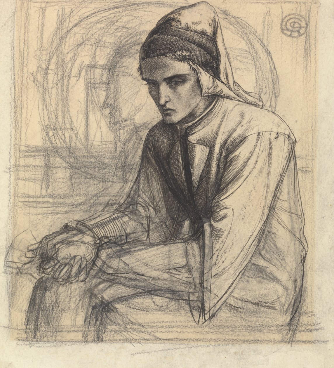 Dante meditaatiossa granaattiomenaa kädessään tekijältä Dante Gabriel Rossetti