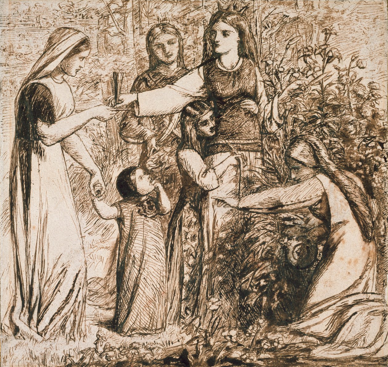 Danten visio Matildasta keräämässä kukkia, n. 1855 tekijältä Dante Gabriel Rossetti