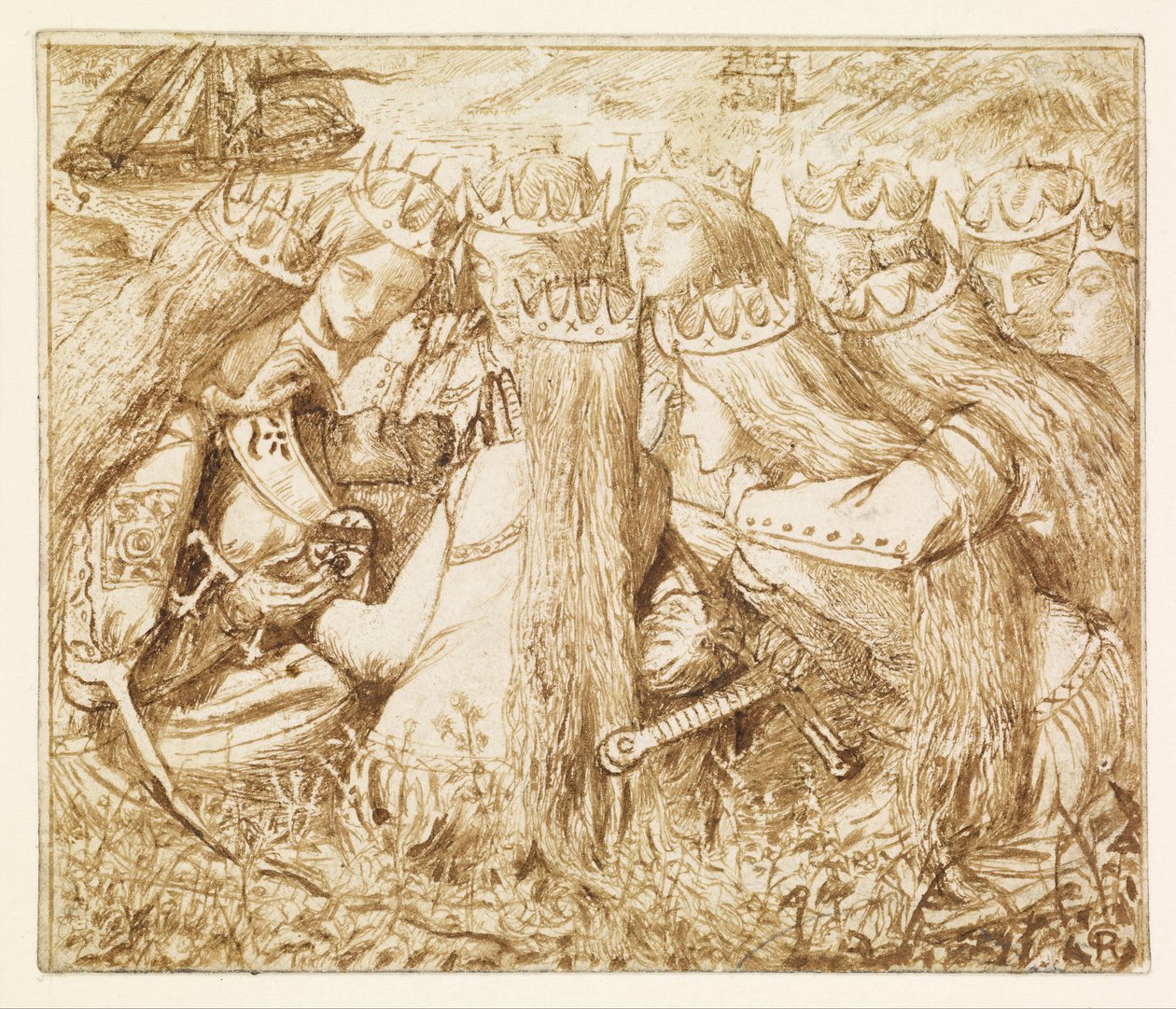 Moxonin Tennyson-näyttelyn suunnittelu – Kuningas Arthur ja itkevät kuningattaret tekijältä Dante Gabriel Rossetti
