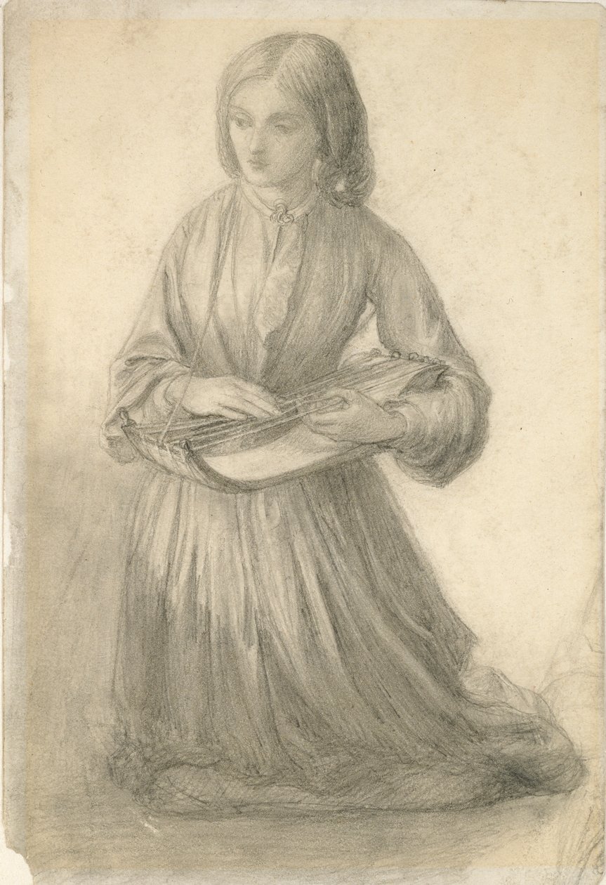 Elizabeth Siddal soittaa kielisoitinta, vuodelta 1852 tekijältä Dante Gabriel Rossetti