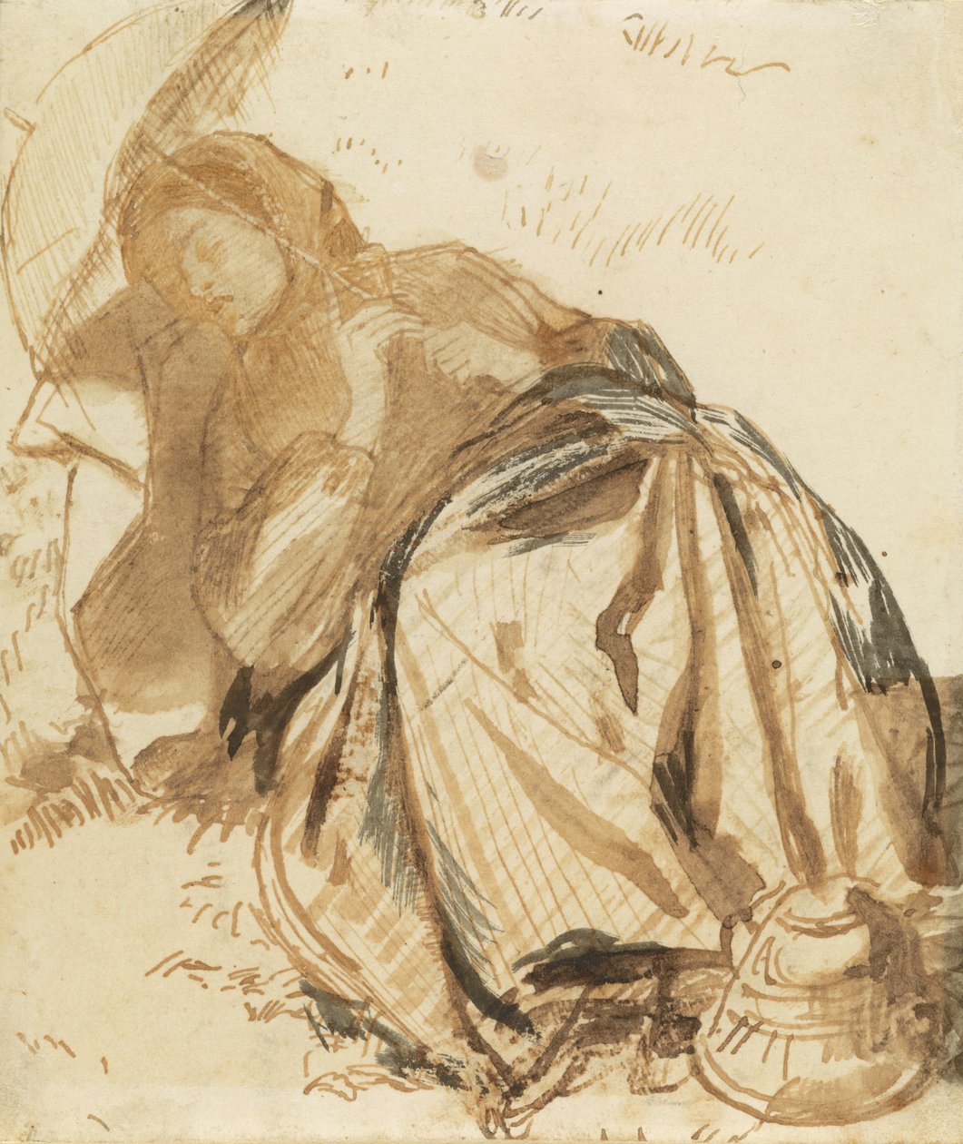 Muotokuva Elizabeth Siddalista lepäämässä, aurinkovarjo kädessä tekijältä Dante Gabriel Rossetti
