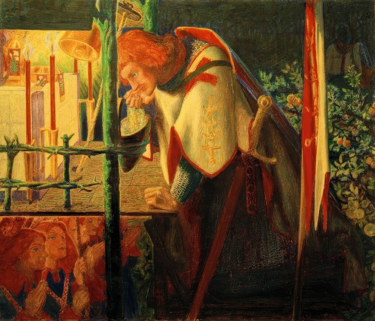 Sir Galahad raunioituneessa kappelissa tekijältä Dante Gabriel Charles Rossetti