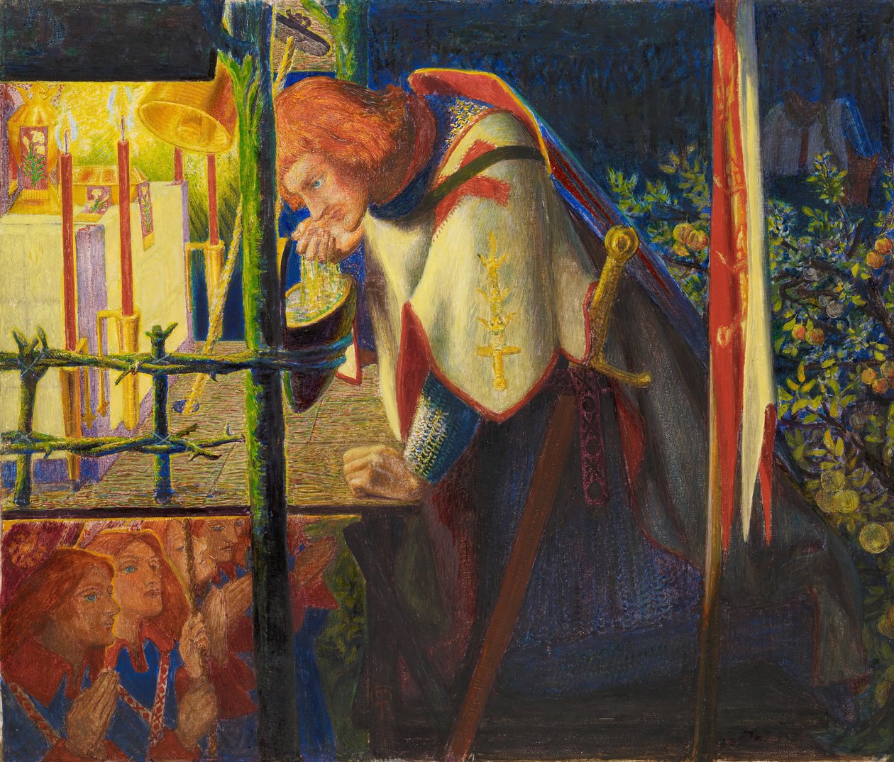 Sir Galahad rauniokappelissa, 1857 - 1859. tekijältä Dante Gabriel Rossetti