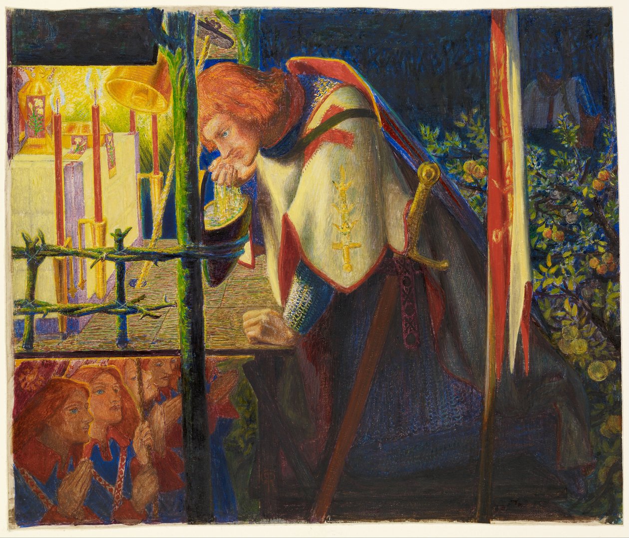 Sir Galahad raunioituneessa kappelissa tekijältä Dante Gabriel Rossetti