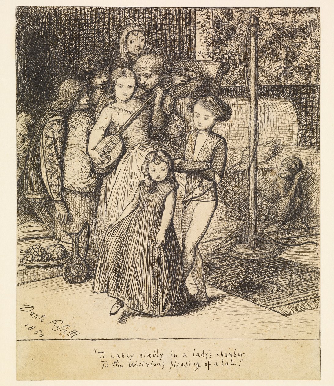 Karkeloida ketterästi naisen kamarissa luutun aistillisen miellyttävän soiton tahdissa tekijältä Dante Gabriel Rossetti