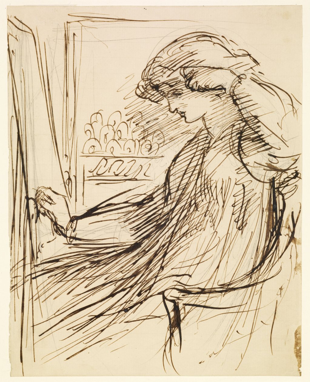 Nainen istuu kirjonta kehyksen tai telineen ääressä tekijältä Dante Gabriel Rossetti