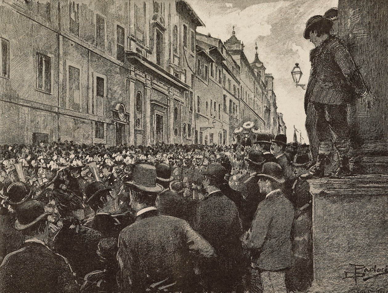Agostino Bertanin (1812-1886) hautajaiset, italialainen patriootti ja poliitikko, Rooma, Italia, piirustus Dante Paolocci, kaiverrus L