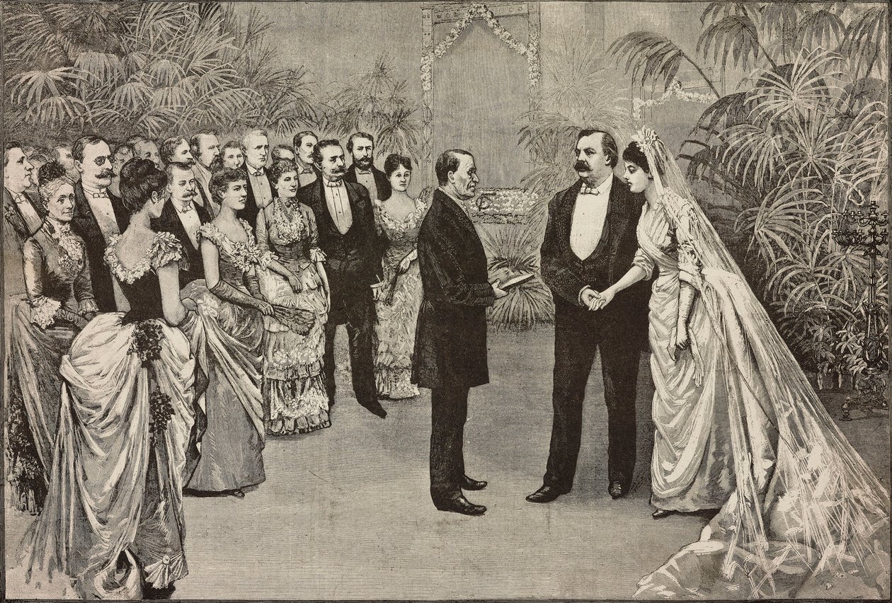 Yhdysvaltain presidentin Grover Clevelandin ja Frances Folsomin häät, 2. kesäkuuta, Washington, Yhdysvallat, piirustus Dante Paolocci, kaiverrus L