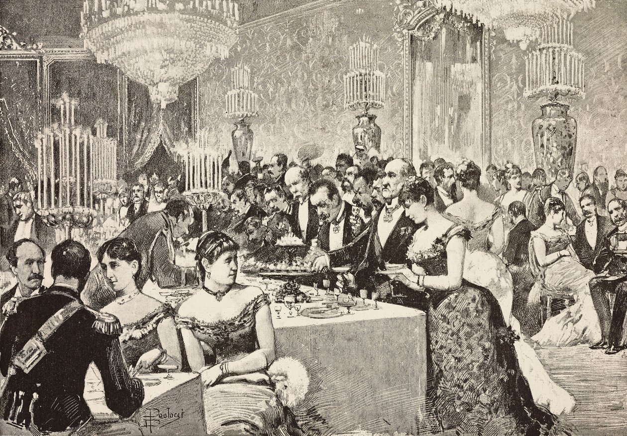 Buffet-huone, Courtball Quirinale, Rooma, Italia, kaiverrus Dante Paoloccin piirroksesta, L