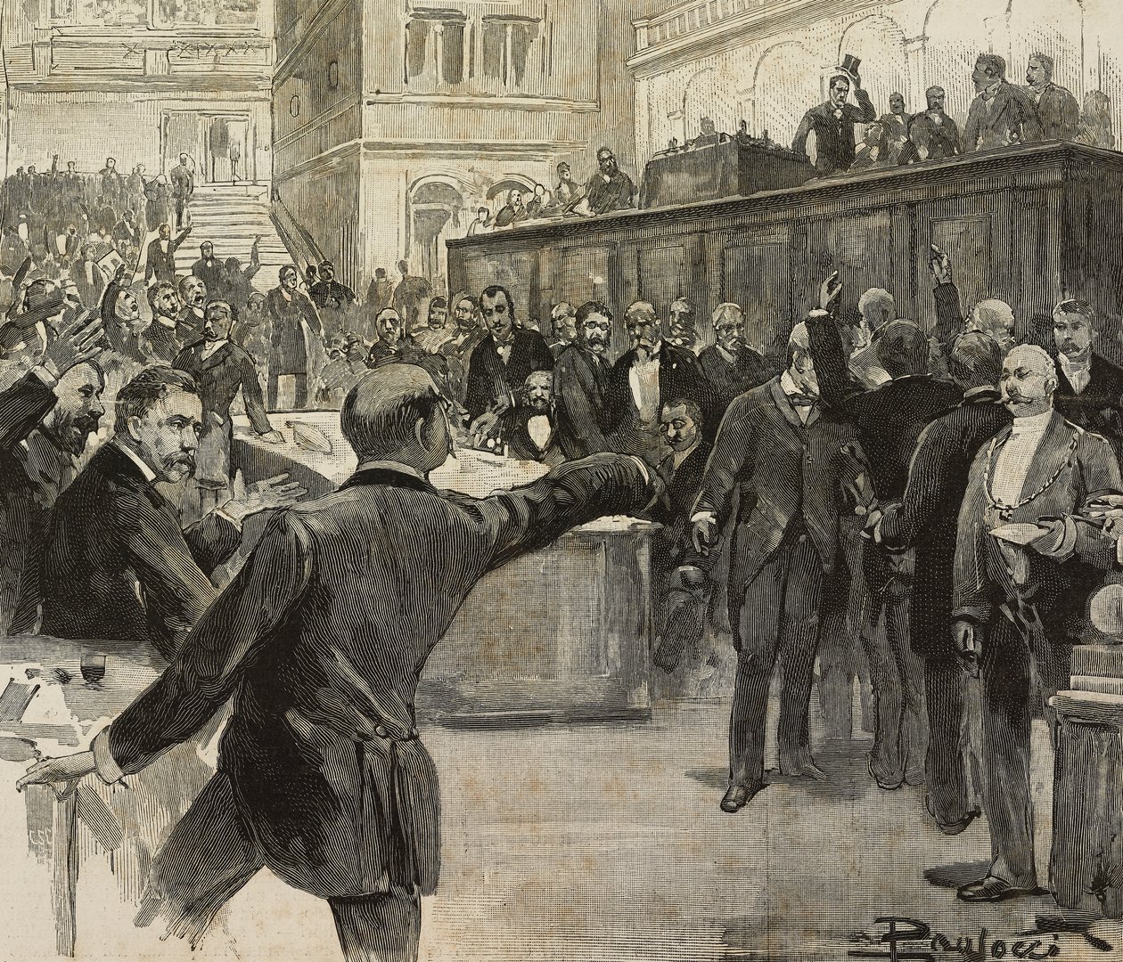 Kiistaa edustajainhuoneessa pankkien vastuita koskevasta tutkimuksesta vastaavan seitsemän komitean (Comitato dei Sette) mietinnön lukemisen jälkeen, 23. marraskuuta tekijältä Dante Paolocci
