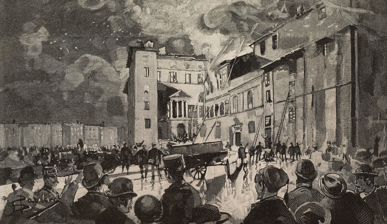 Israelin koulujen tulipalo 1893, Rooma, Italia, kaiverrus Dante Paoloccin piirustuksen perusteella, L