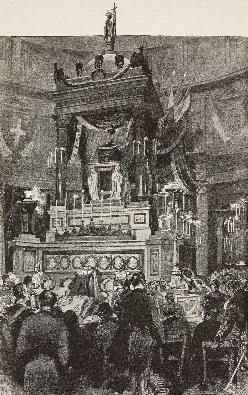 Italialaiset poliitikot ja upseerit osallistuvat Italian kuninkaan Viktor Emmanuel II:n (1820-1878) hautajaisiin, Rooma, Italia, kaiverrus Dante Paoloccin piirroksesta, L