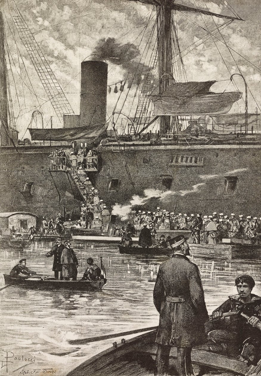 Italialaiset sotilaat nousemassa taistelulaivaan Principe Amedeo, italialainen retkikunta Punaisellamerellä, Napoli, Italia, kaiverrus Dante Paoloccin piirroksesta, L