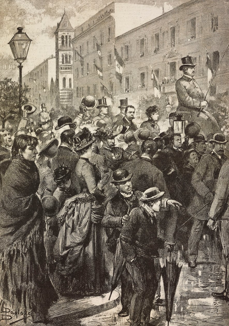 Kuningas Umberto I ja kuningatar Margherita palaavat vierailustaan Napoliin koleran koettelemina, Rooma, Italia, kaiverrus Dante Paoloccin piirroksesta, L