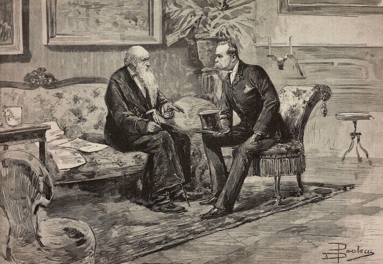 Savoian kuningas Umberto I (1844-1900) ja neuvoston puheenjohtaja Agostino de Pretis (1813-1887), kaiverrus Dante Paoloccin piirroksesta, L