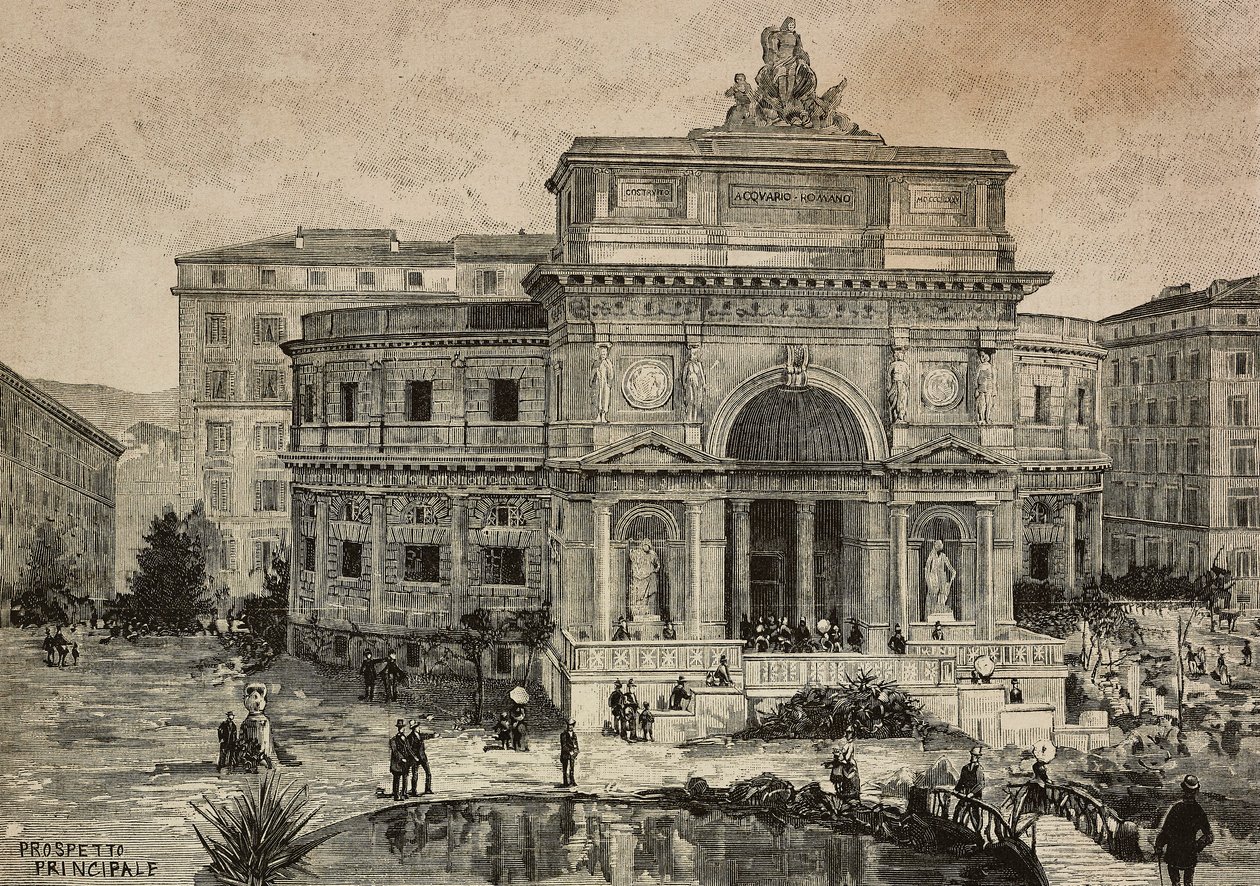 Suuri akvaario Piazza Manfredo Fantissa avattiin 29. tammikuuta, Rooma, Italia, G Gamberonin kaiverrus Dante Paoloccin piirroksesta, L